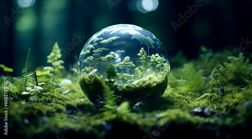 Crystal globe in forest, reflects trees, surrounded by moss and plants, mystical atmosphere, blue tint