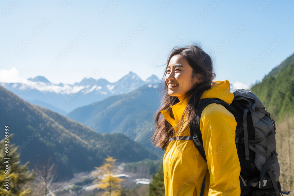 Inspired Asian Explorer Admiring Mountain Panorama