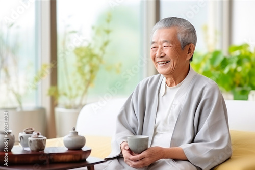 Calm Senior Asian Man Embracing Tea Tradition
