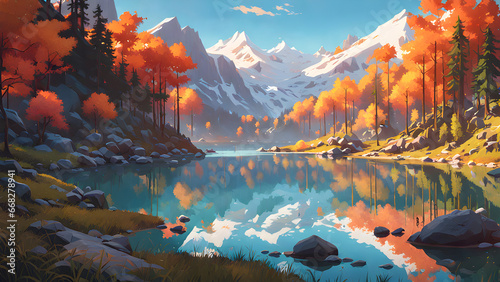 illustration of a lake trees and mountains