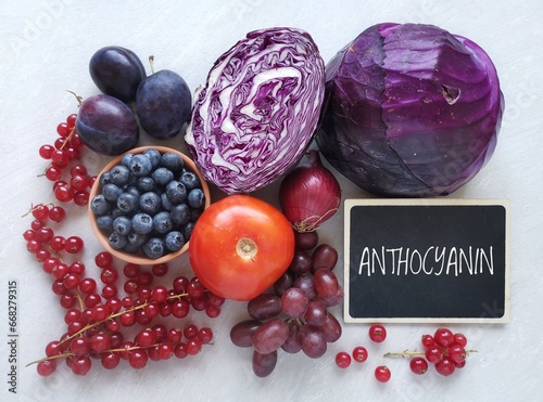 Healthy food rich in anthocyanins. Foods containing anthocyanins and antioxidants: red currant, cabbage, blueberry, plum, red onion, grape, tomato. Healthy diet concept. photo