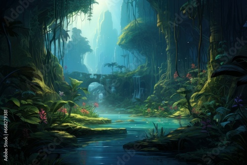 Dreamlike Fantasy jungle. Dark river travel. Generate Ai © juliars