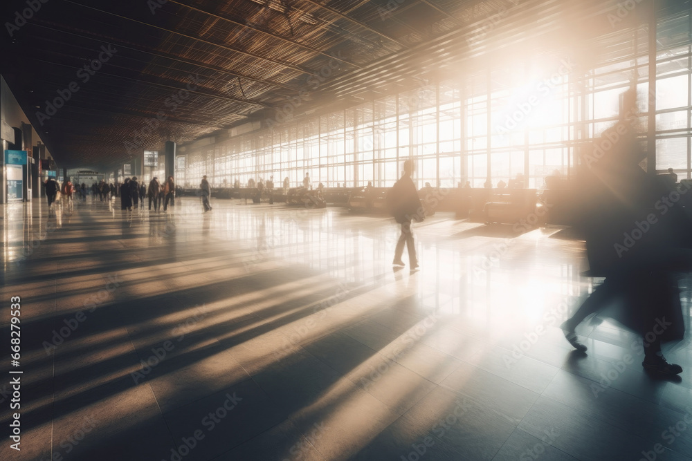 Busy airport or train terminal with early passengers, motion blur