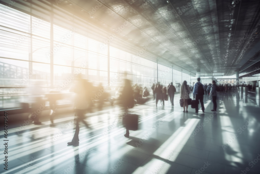 Busy airport or train terminal with early passengers, motion blur