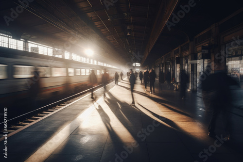 Busy commuters navigating through a sunlit railway station