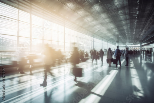 Busy airport or train terminal with early passengers, motion blur