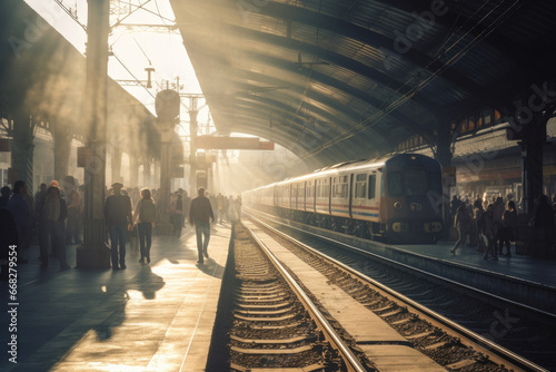People in sunlit train station, busy scene depicting urban life
