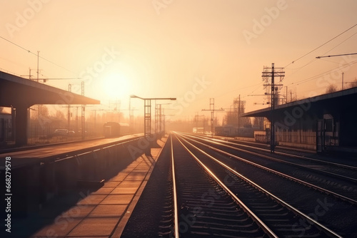 Train awaiting departure in morning light