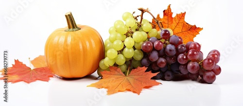 Fall themed arrangement with pumpkin and grapes on white backdrop