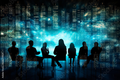 Group of people surrounded by flow of digital data, Silhouettes sits men and women and multitude of information stream. Data-driven world. Digital information concept.