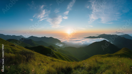 A magnificent landscape photo of a sunrise over green