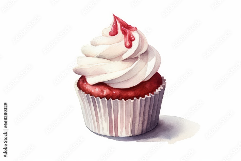 Watercolor cupcake with red velvet cake and cream cheese frosting on white background. AI generated