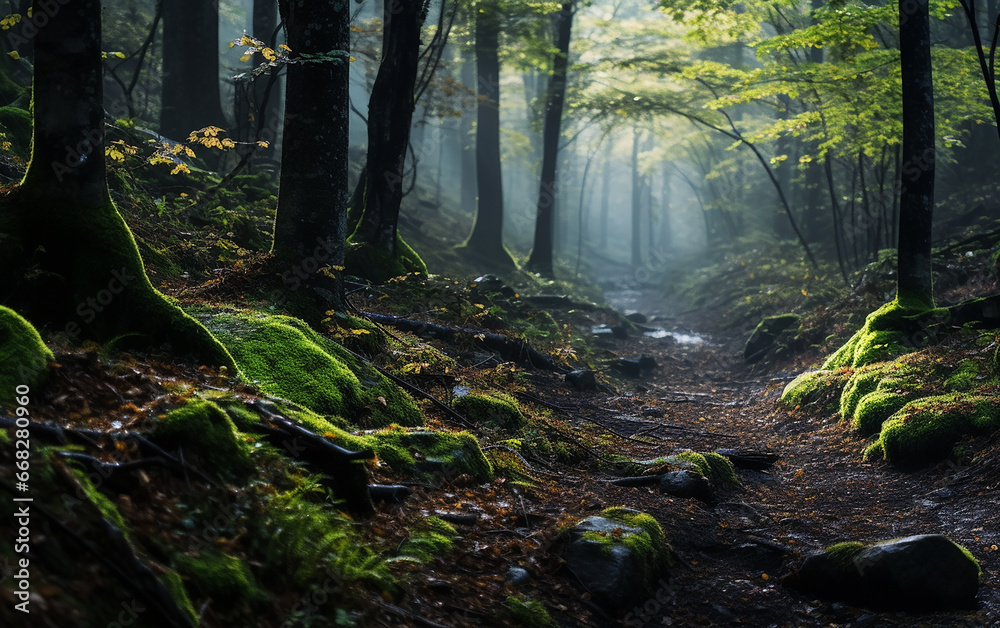 Fototapeta premium Misty Forest. Generative AI.
