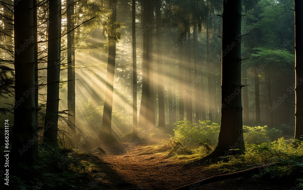 Obraz premium Misty Forest. Generative AI.