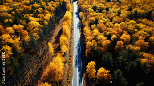 A bird's-eye view of an autumn forest landscape with a winding road