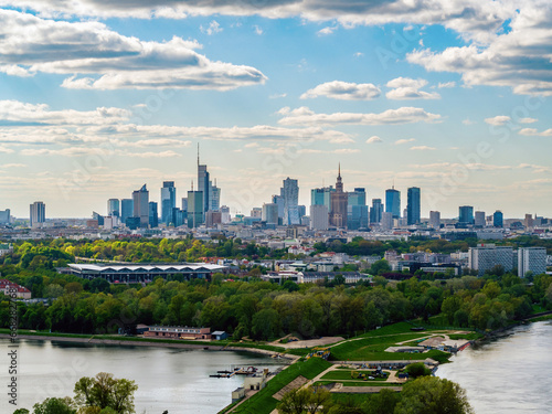 Skyscrapers in city center  Warsaw aerial landscape under blue sky