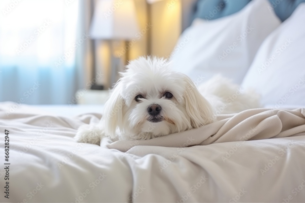 white cute animal dog playing hide and seek on white soft bed animal in house interior pet lifestyle at home white cute animal dog playing hide and seek on white soft bed animal in house interior pet lifestyle at home
