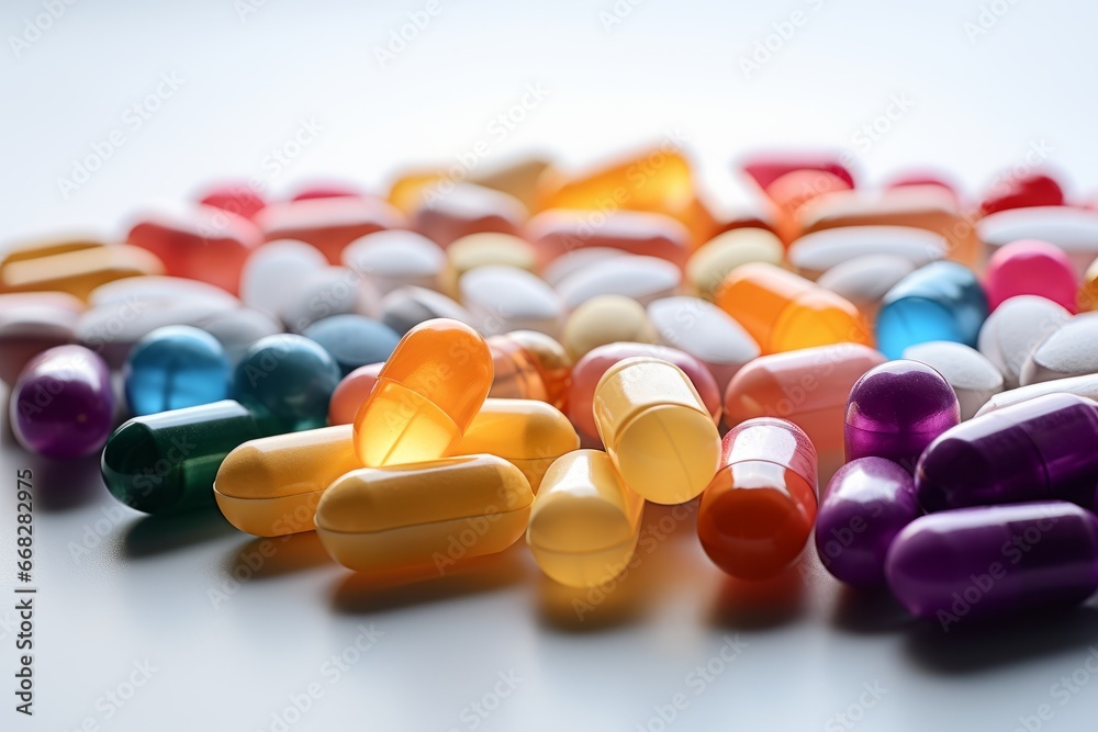 Variety of pills and capsules on white table top healthy lifestyle ideas concept Pills and tablets, studio shot.