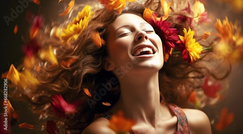 A brown-haired woman in a tank top looks back with closed eyes and laughs, against a background of falling flower petals.