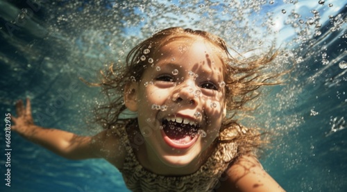 A little girl happily takes a selfie underwater