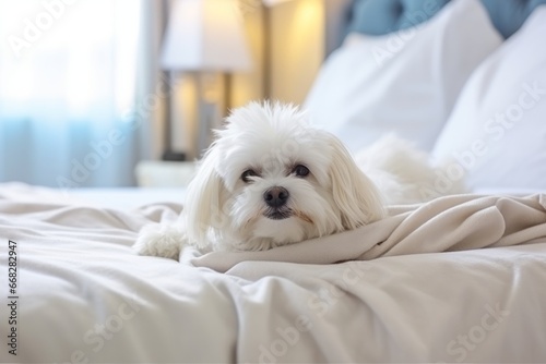 white cute animal dog playing hide and seek on white soft bed animal in house interior pet lifestyle at home