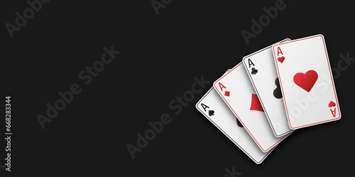 Hand fan of playing cards consisting of four white Ace of Spades, Diamonds, Clubs, Hearts. Vector illustration on a black table. Poker and casino concept.