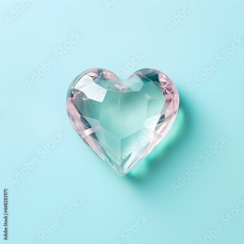 
Transparent crystal in the shape of a heart on a pastel blue background, creative aesthetic love concept. St. Valentine's Day celebration.