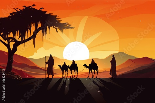 Landscape with the three wise men at sunset background. Copy space.