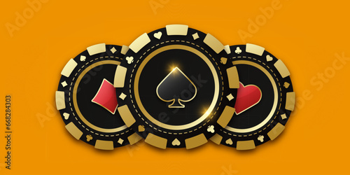 Gambling coin with suit spades. Trio of playing chips or token. Realistic playing chip coin with the suit of spades in the center, gambling tokens. Banner for web app or site. Concept poker or casino
