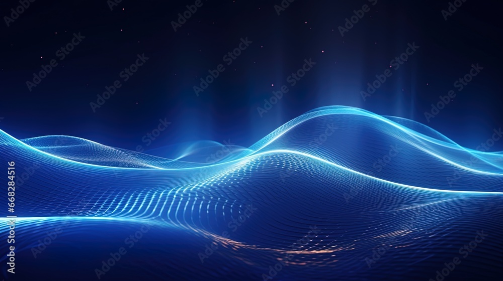 Abstract wave technology background with soft blue and flowing light, AI generative