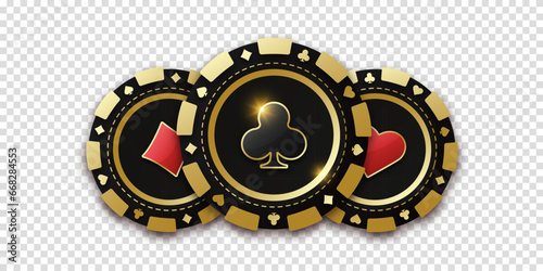 Trio of playing chips or token. Gambling coin with suit clubs. Realistic playing chip with the suit of clubs in the center, gambling tokens. Banner for web app or site. Concept poker or casino.