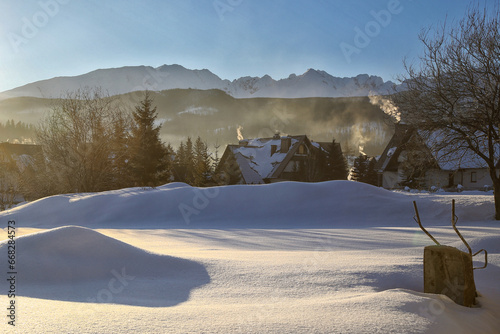 Fototapeta Naklejka Na Ścianę i Meble -  Sunrise over Zakopane in winter, Tatras mountains in Poland.