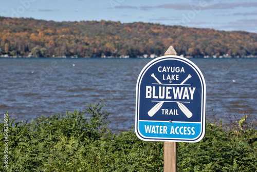 cayuga lake blueway trail water access sign in public park (finger lakes region of upstate new york) travel, tourism, ny state (ithaca hiking path near water, bay) photo