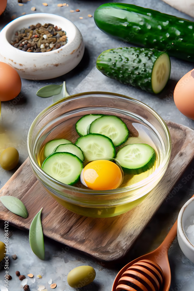 Ingredients for homemade hair mask: olive oil, cucumber and eggs. Pinterest Banner Ingredients for homemade hair mask: olive oil, cucumber and eggs. Pinterest Banner