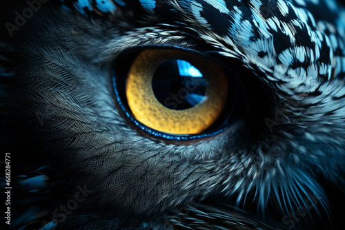 closeup owl’s eye, illuminated by distant blue lights