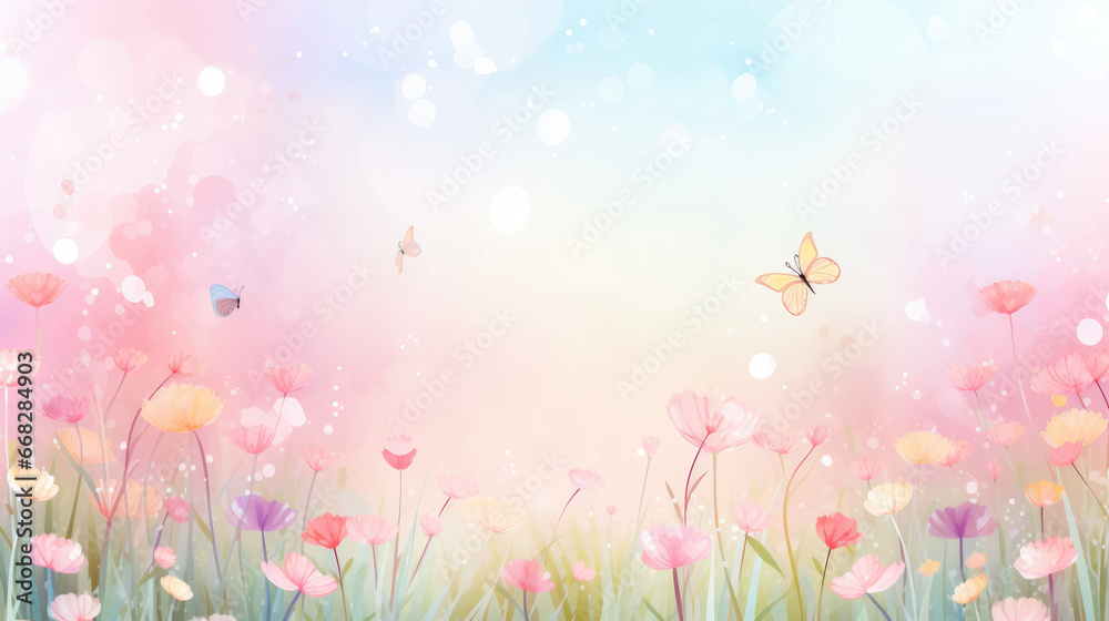 Watercolor springtime background with colorful illustrated flowers at the bottom, room for copyspace at top