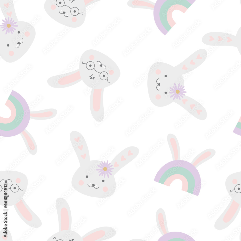 Obraz premium Childish Easter background with rabbit faces and rainbows.