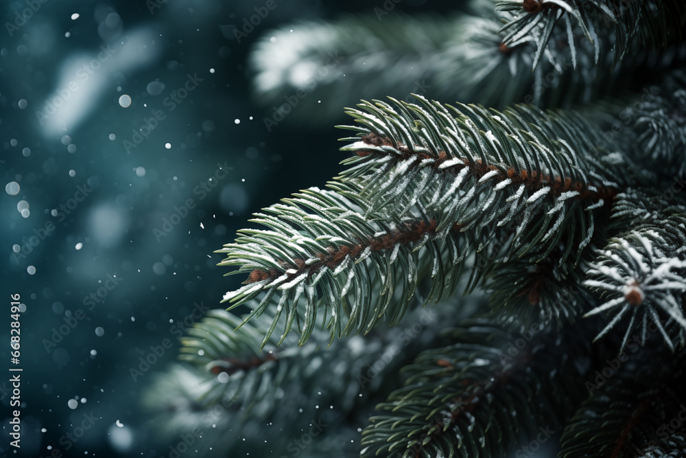 pine needles dusted with light snow, against a deep evergreen background