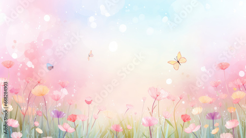 Watercolor springtime background with colorful illustrated flowers at the bottom, room for copyspace at top © Vivid Pixels