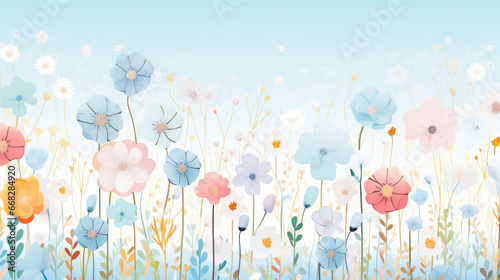 Watercolor springtime background with colorful illustrated flowers at the bottom, room for copyspace at top