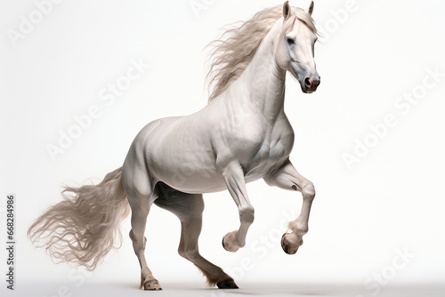 White horse isolated on white background rearing. Animal right side portrait.