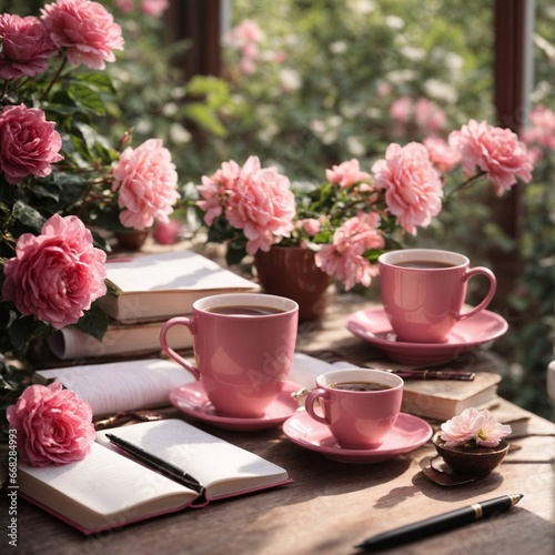 A Cup of tea in pink cups and mug and pink flowers. Generative AI.