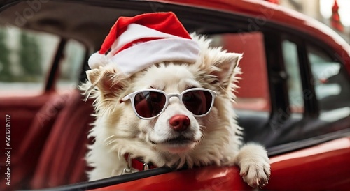 Whimsical white dog in Santa hat and sunglasses gazes out of car window. Festive and playful pet. #HolidayDog #SantaHat #PlayfulPup #FestivePet photo
