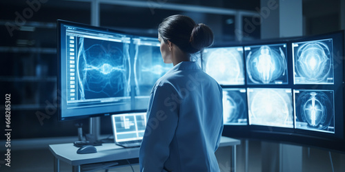 A doctor works in a hospital of the future with high-tech medical equipment, A Doctor Reviewing the Results of a PET Scan