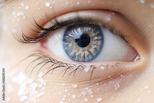 close up of wideopened eye, with snowflakes on face photo