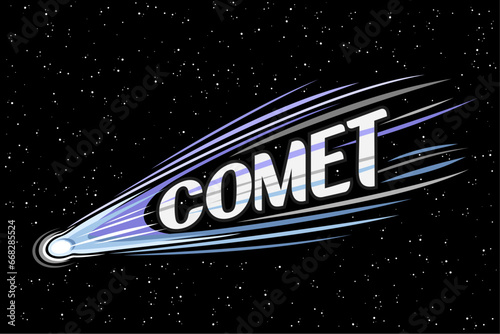 Vector illustration of Comet, horizontal astronomical poster with shooting purple ice comet, line art cosmo print with futuristic meteor in deep space and white text comet on black starry background