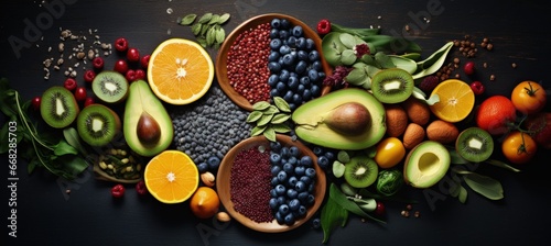 various fresh fruits along with other healthy foods, in the style of indigo and gray, light green and bronze, wiccan, dark green and yellow, grit and grain, aerial view, solarizing master