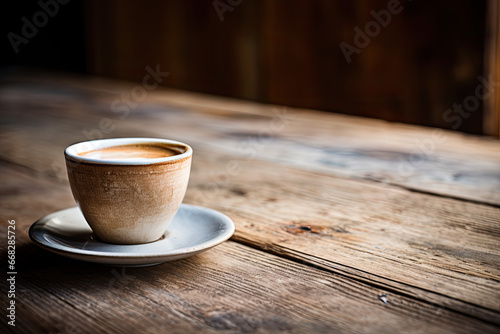 A cup of coffee sitting on top of a wooden tabl