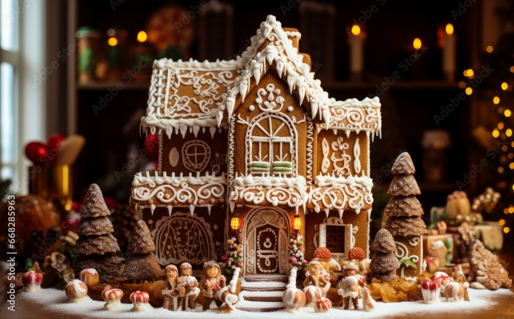 Cozy Gingerbread house winter. Home decoration. Generate Ai