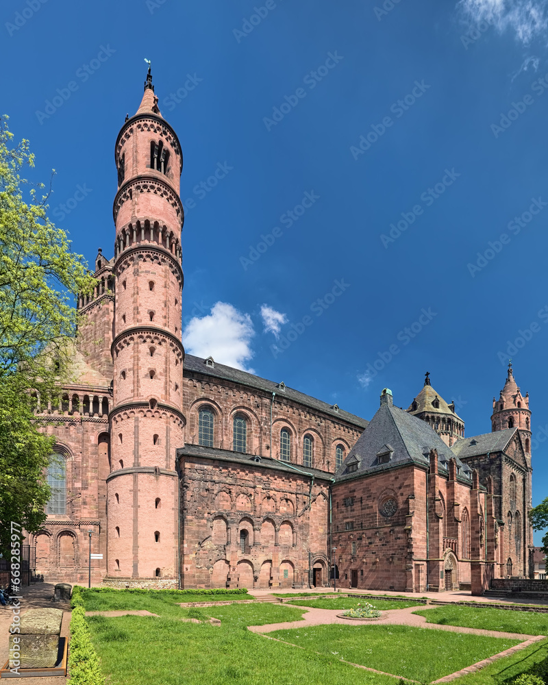 Worms Cathedral, Germany. The cathedral was built from about 1130 to 1181. This is one of the three Rhenish imperial cathedrals besides the Mainz Cathedral and Speyer Cathedral.